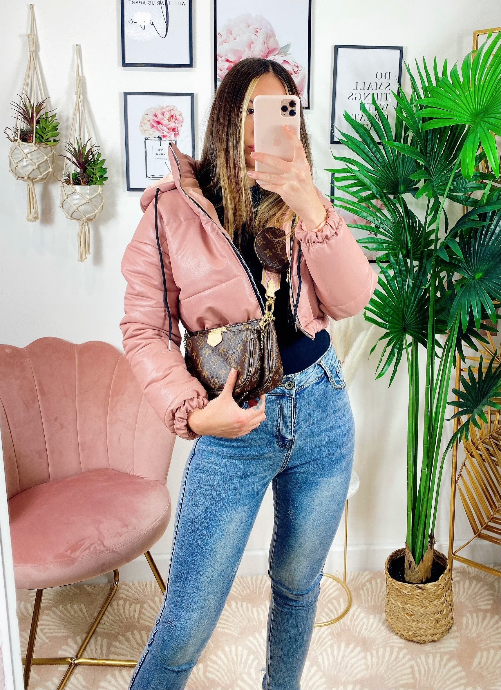 Bomber crop in ecopelle Rosa
