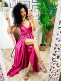 Abito in raso con maxi spacco peonia