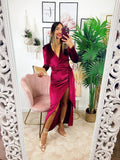 Abito lungo in velluto con maxi spacco Bordeaux