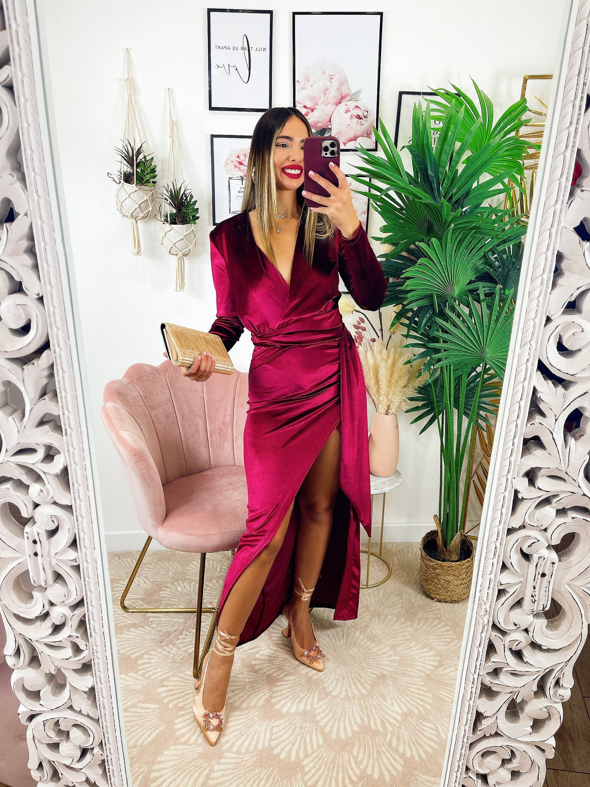 Abito lungo in velluto con maxi spacco Bordeaux