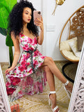 Abito con gonna asimmetrica e fiorellini Fuxia base bianco
