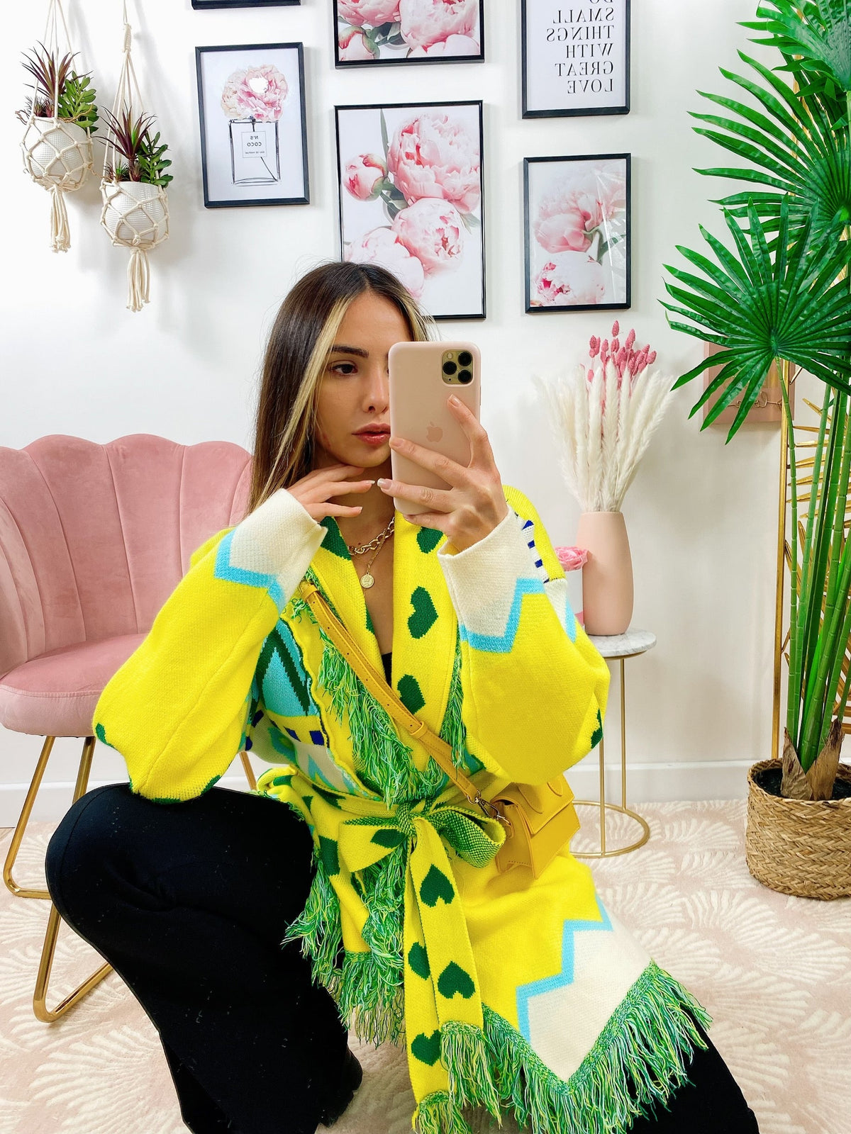 Cardigan frange e cinta giallo