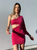 Abito aderente monospalla Fuxia con manica lunga