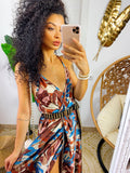 Abito in raso floreale con maxi spacco con foglie