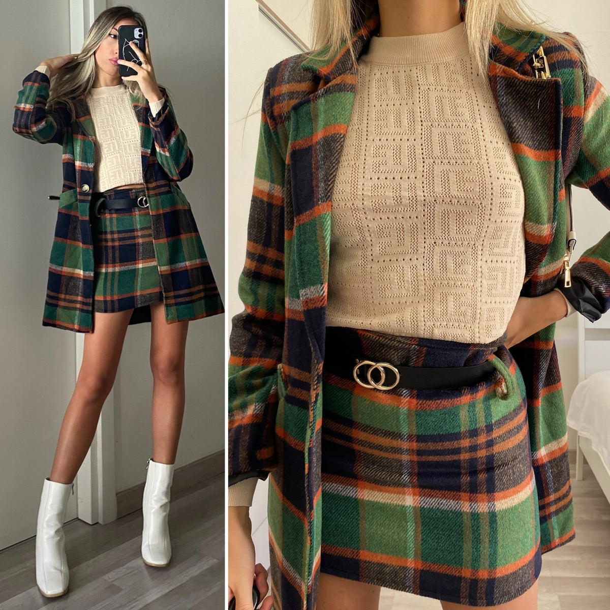 Cappotto check trama verde
