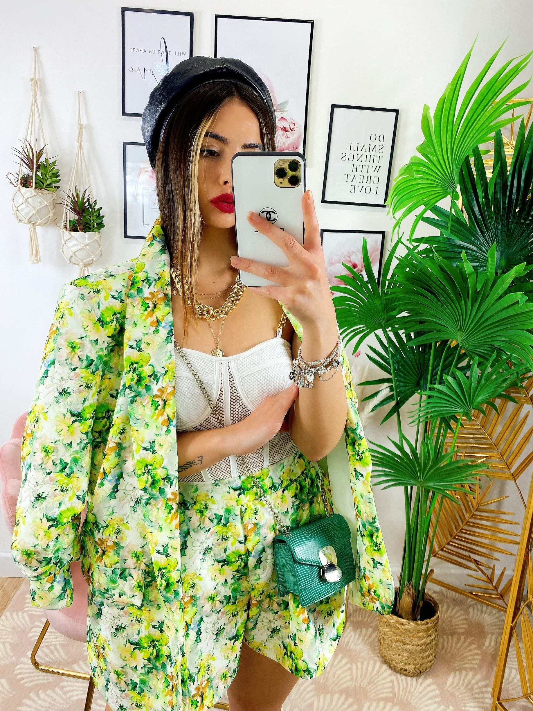 Completo Giacca e Short fiori lime