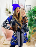 Cardigan Zebrato con frange e cinta in Blu