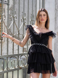 Abito a balze in tulle nero