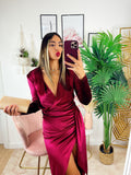 Abito lungo in velluto con maxi spacco Bordeaux