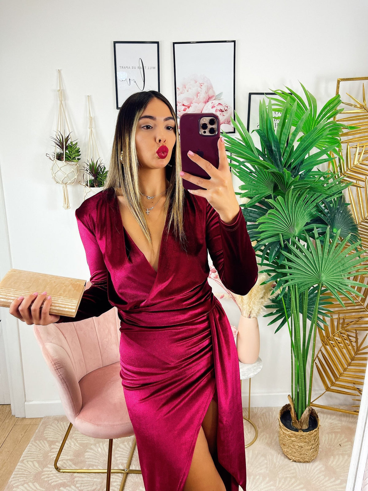 Abito lungo in velluto con maxi spacco Bordeaux
