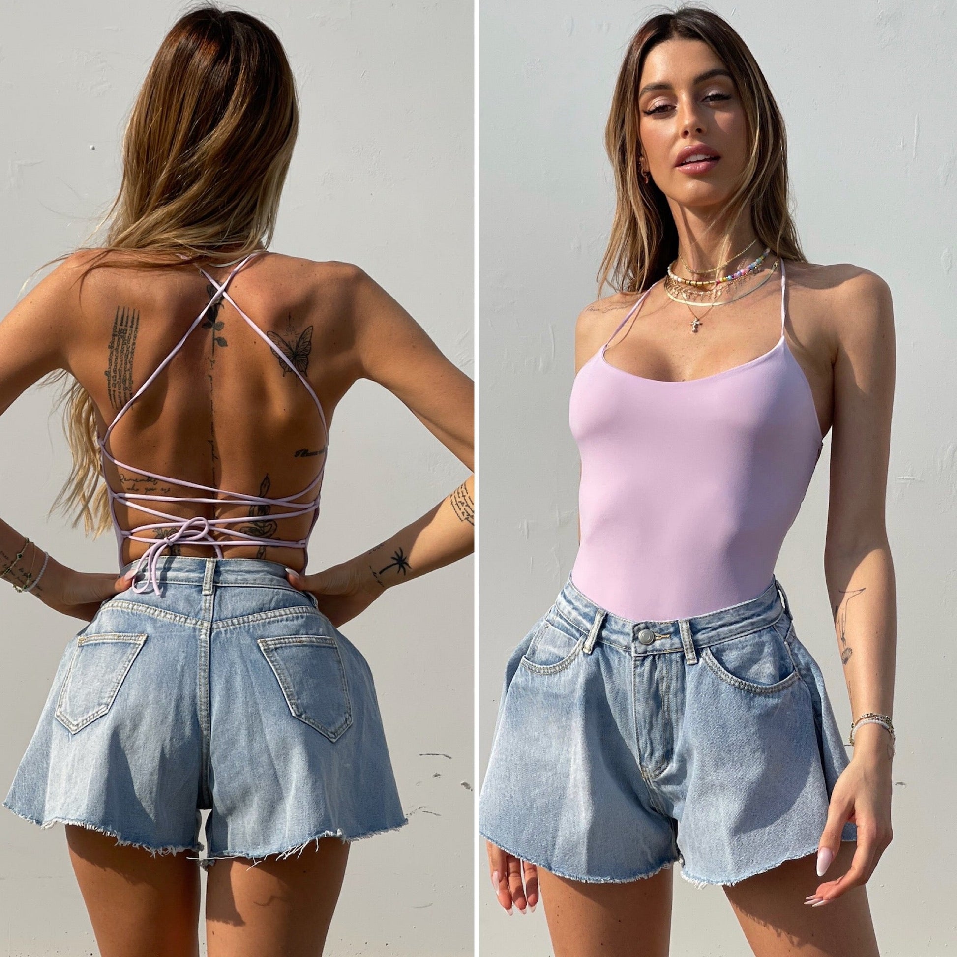 Body aderente con incroci lilla