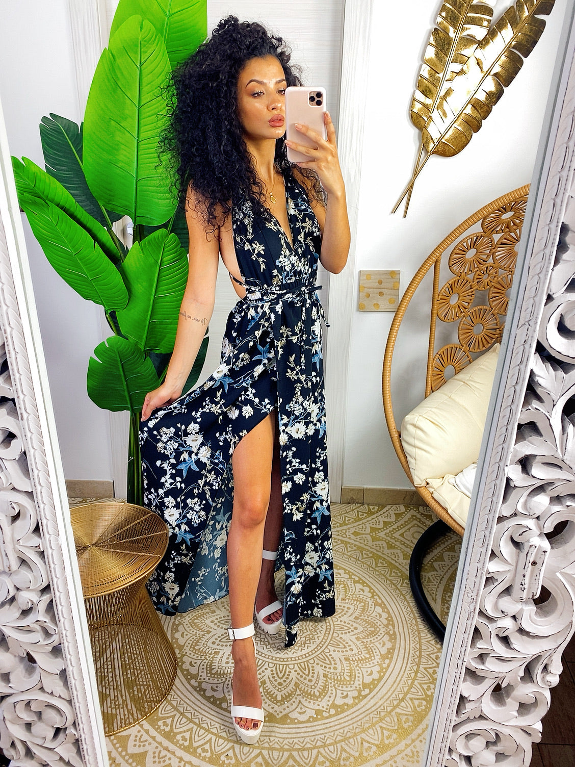 Abito Afrodite con fiori Nero