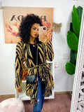 Cardigan Camel/Black con frange e cinta