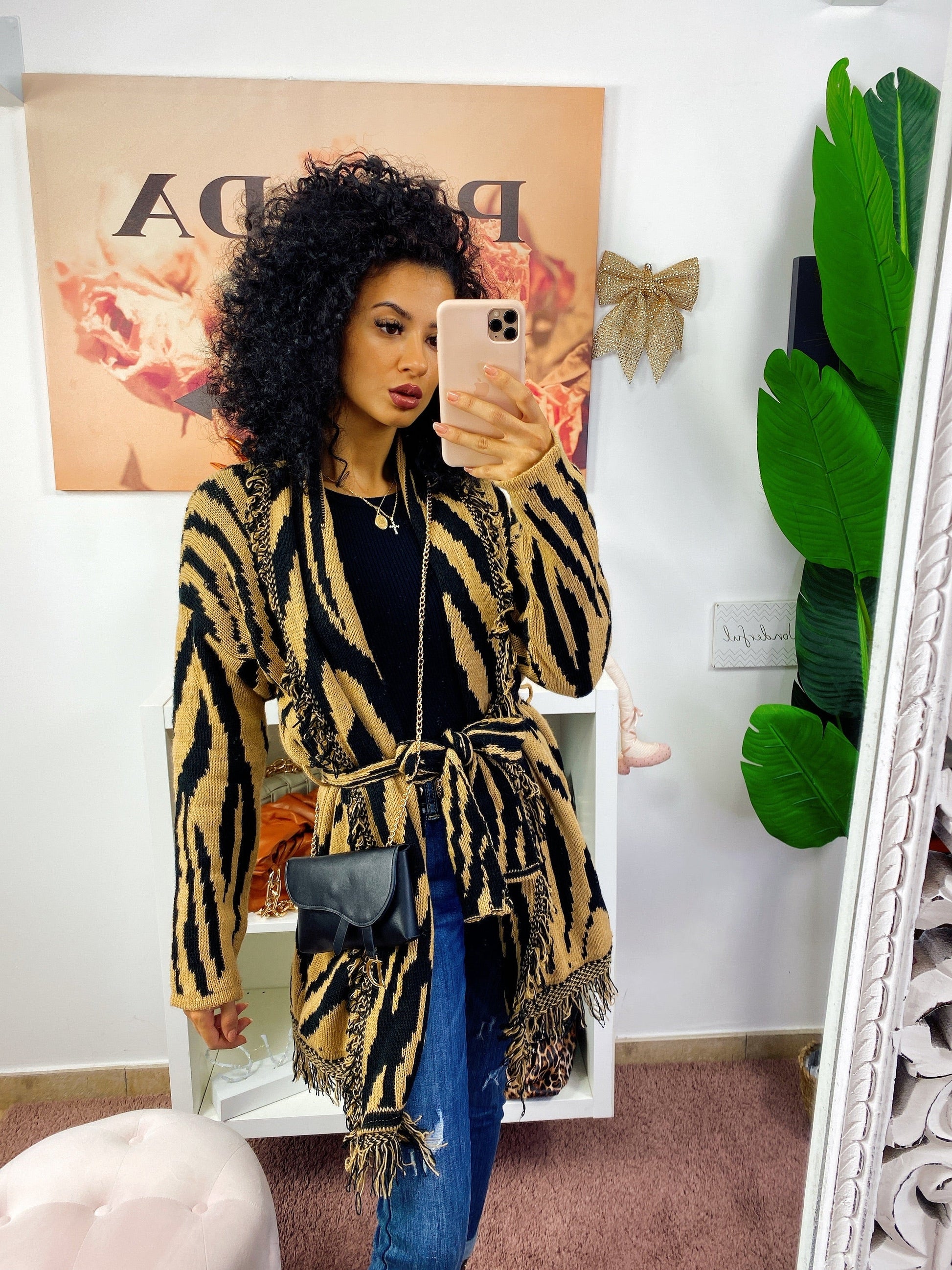 Cardigan Camel/Black con frange e cinta