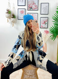 Cardigan frange e cinta con cavallo celeste