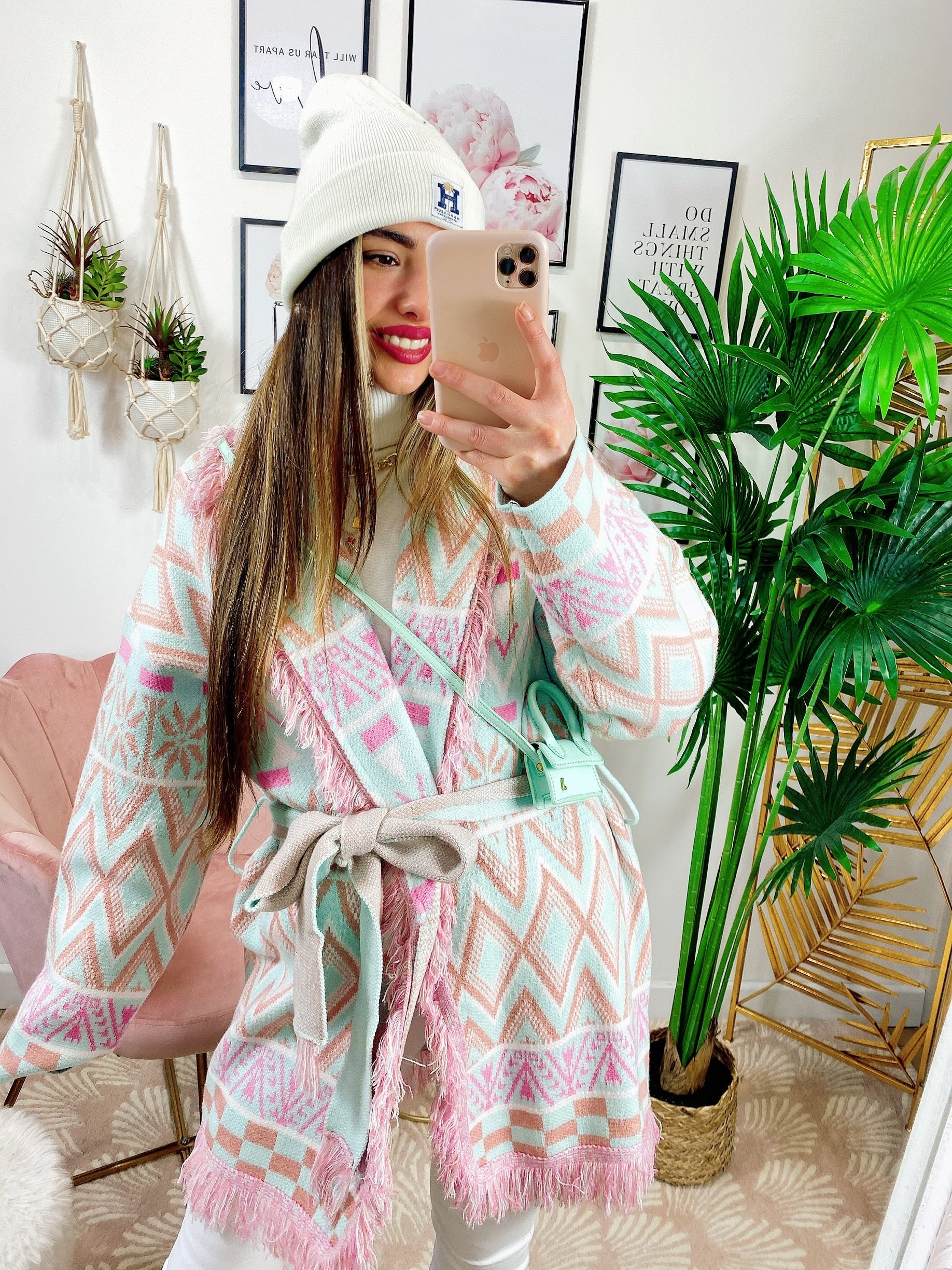 Cardigan con frange Verdeacqua e Rosa