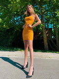 Abito aderente arancio schiena incrociata