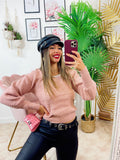 Maglione con scollo a u con perle rosa