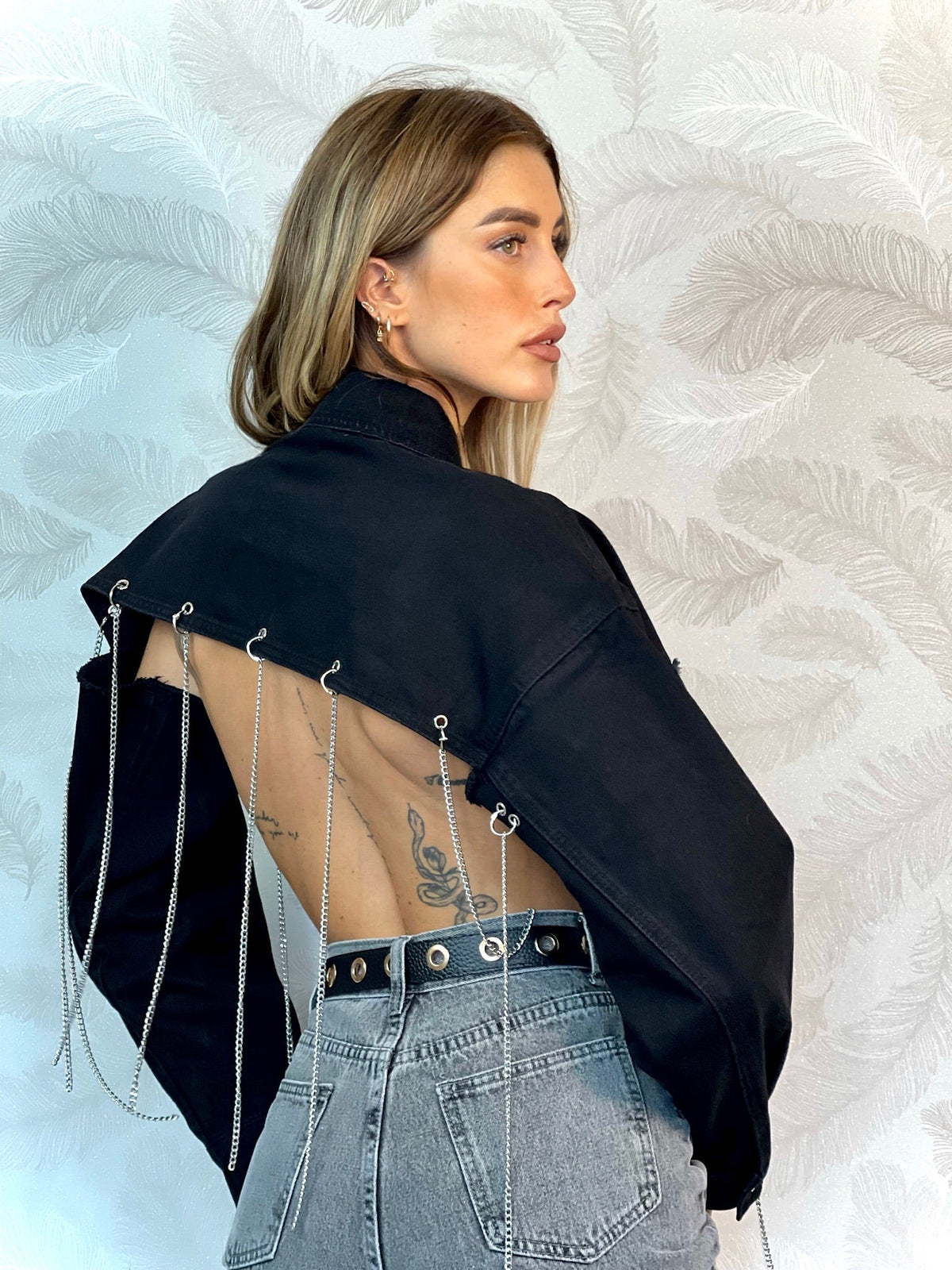 Giacca in jeans nero con frange