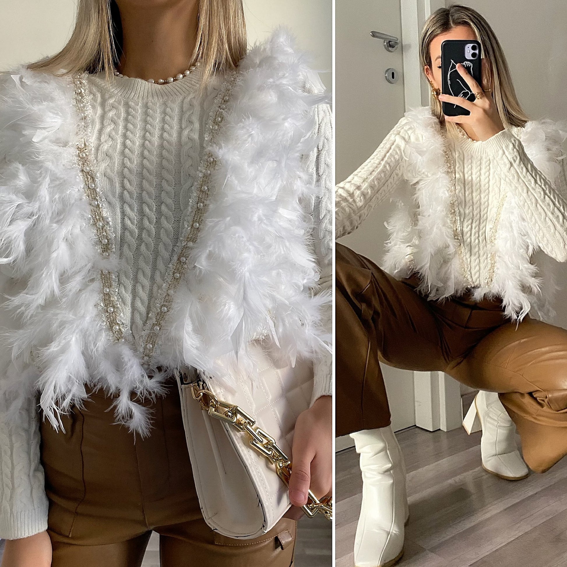 Maglioncino con piume e perle