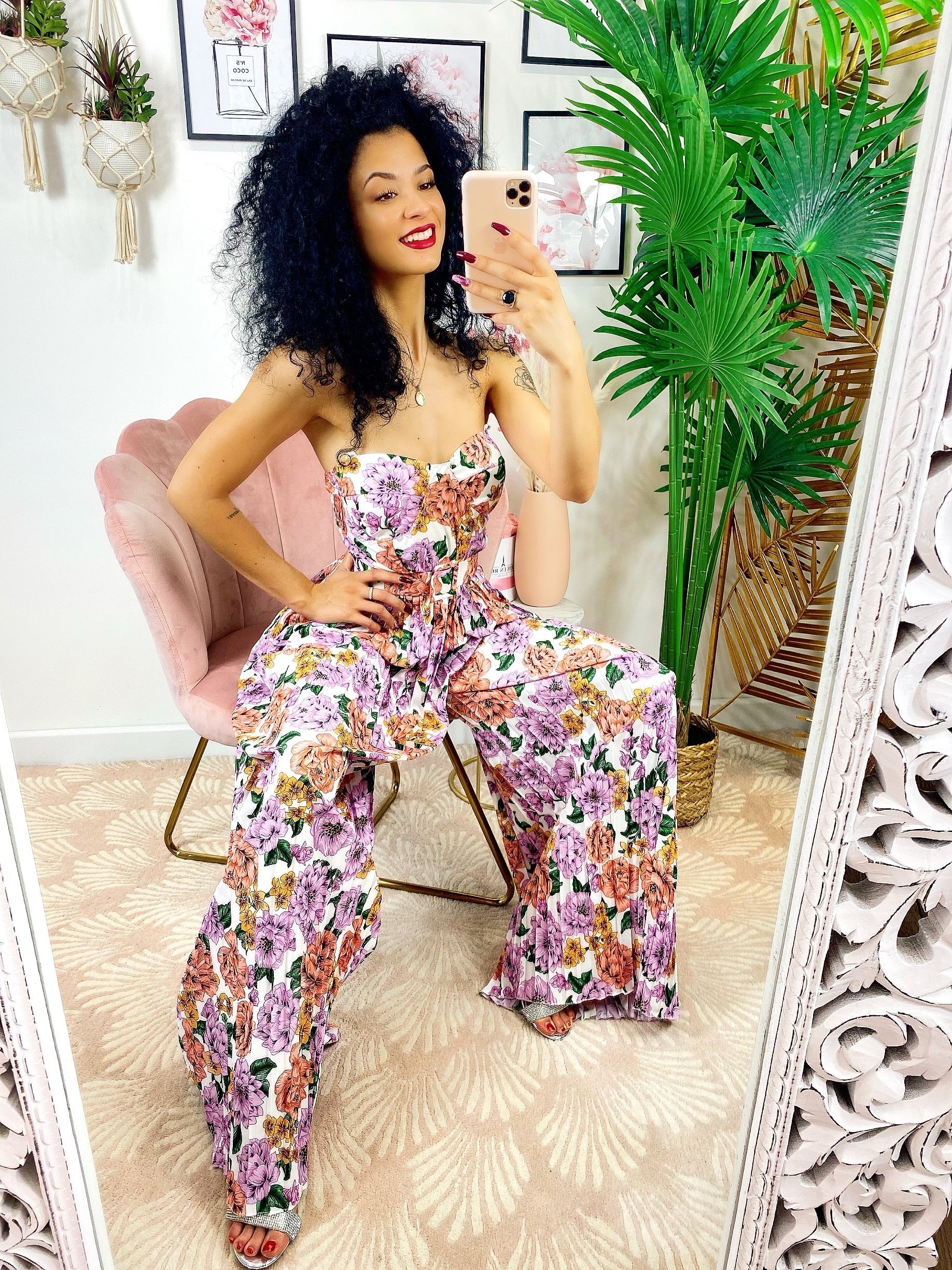 Tuta con pantalone a pieghine fiori lilla
