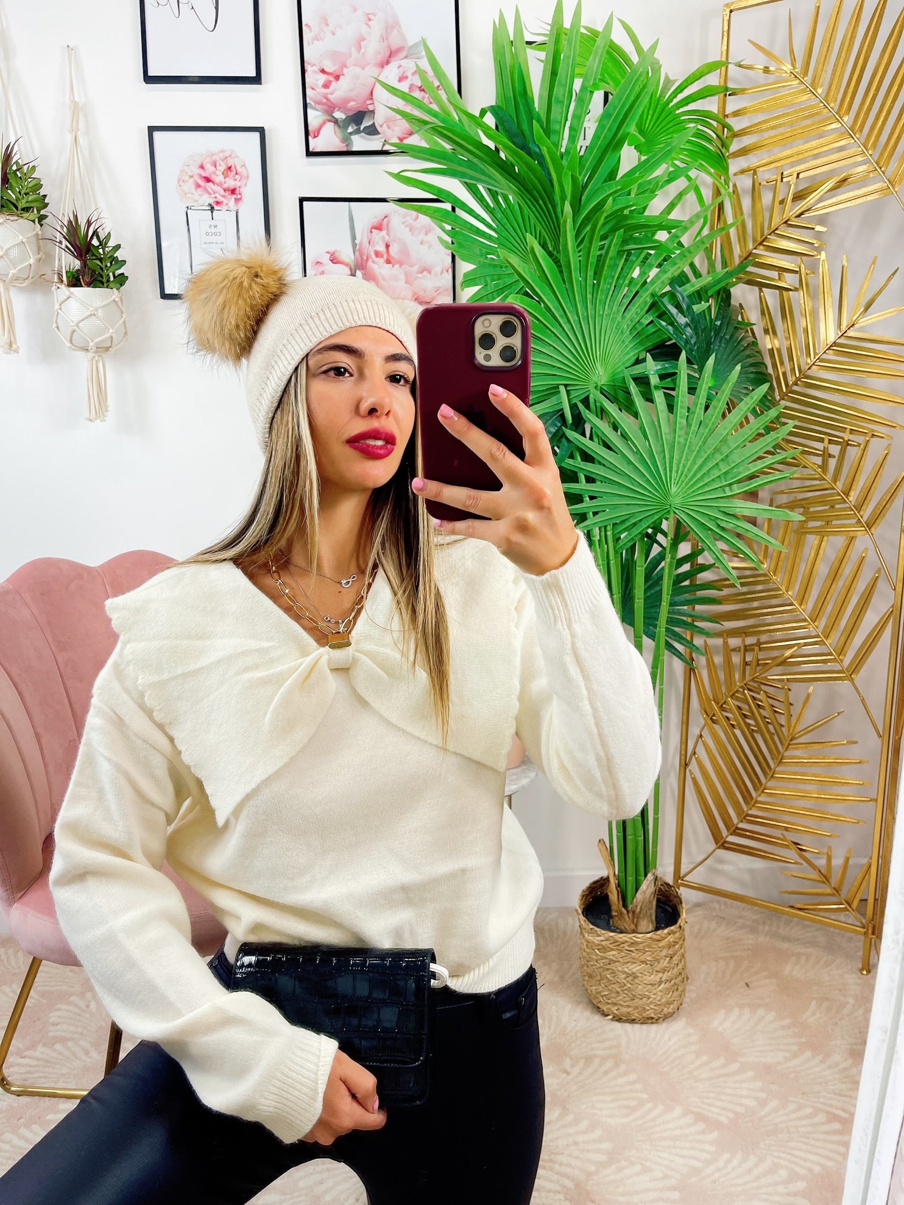 Maglione top quality collo a Camicetta e fiocco panna