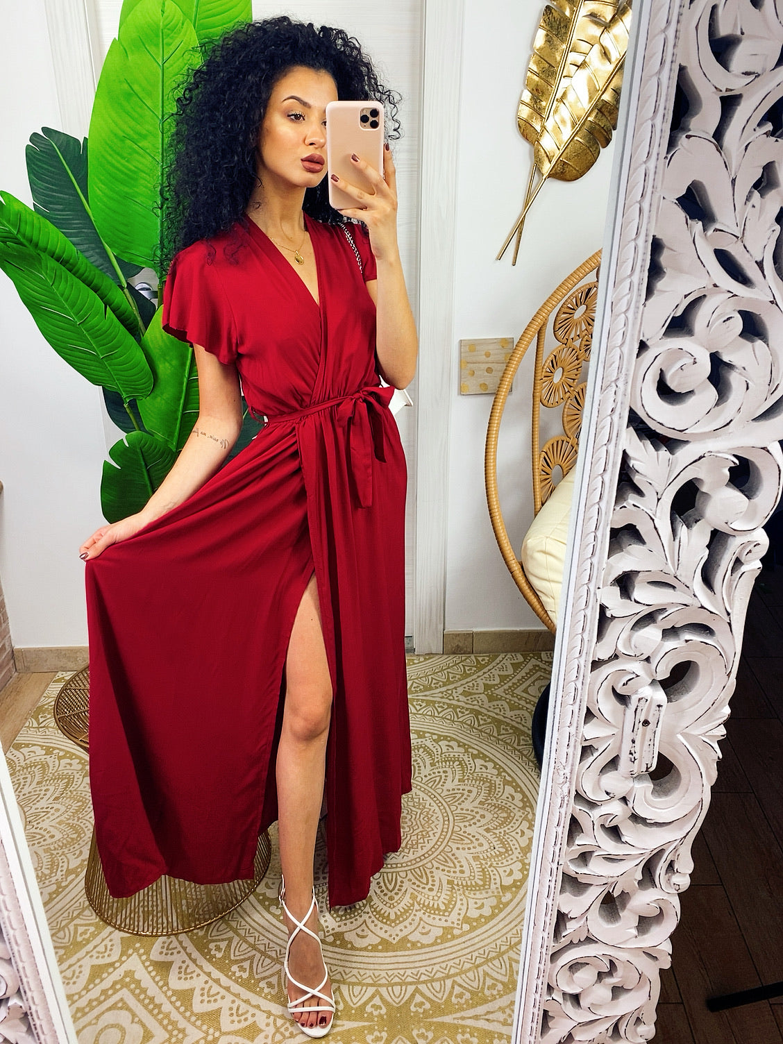 Abito lungo bordeaux con spacco