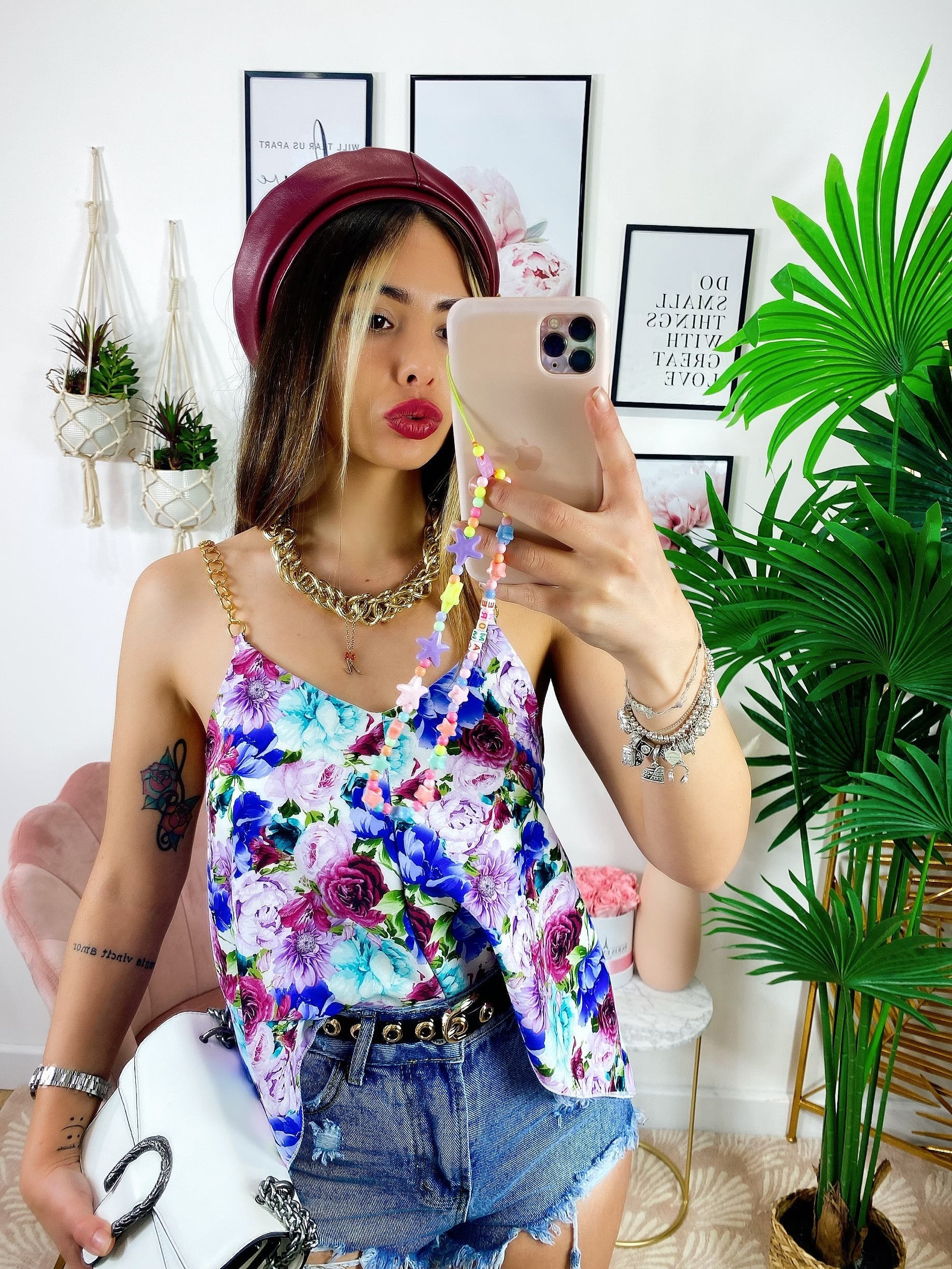 Maxi maglia floreale con catena dettagli Fuxia