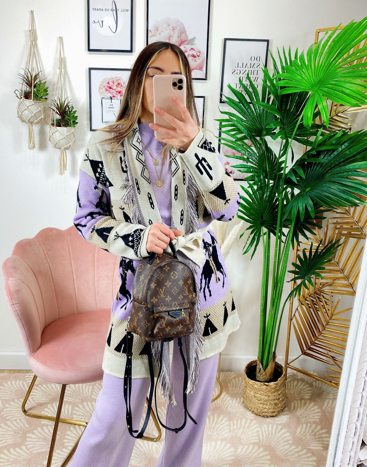 Cardigan con frange stampa cavallo lilla