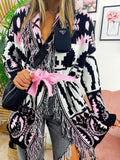 Cardigan con frange e cinta dettaglio nero rosa