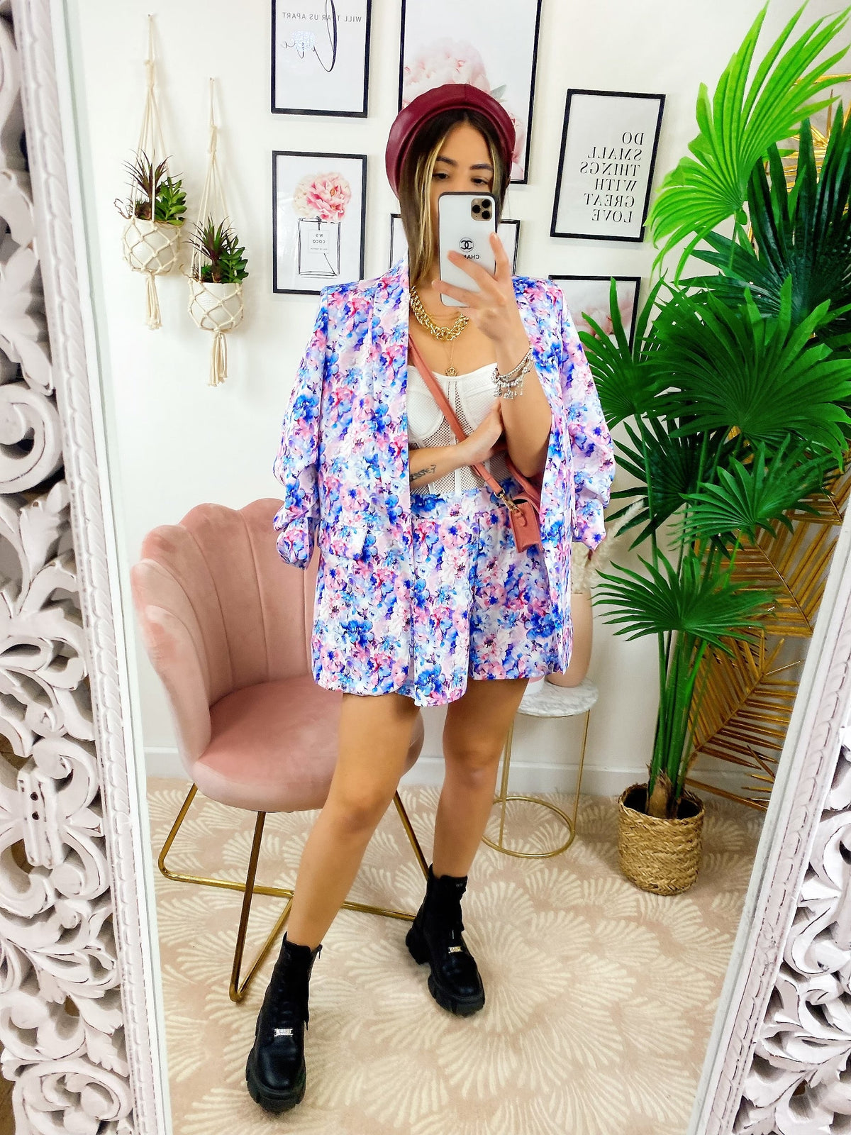 Completo Giacca e Short fiori celesti
