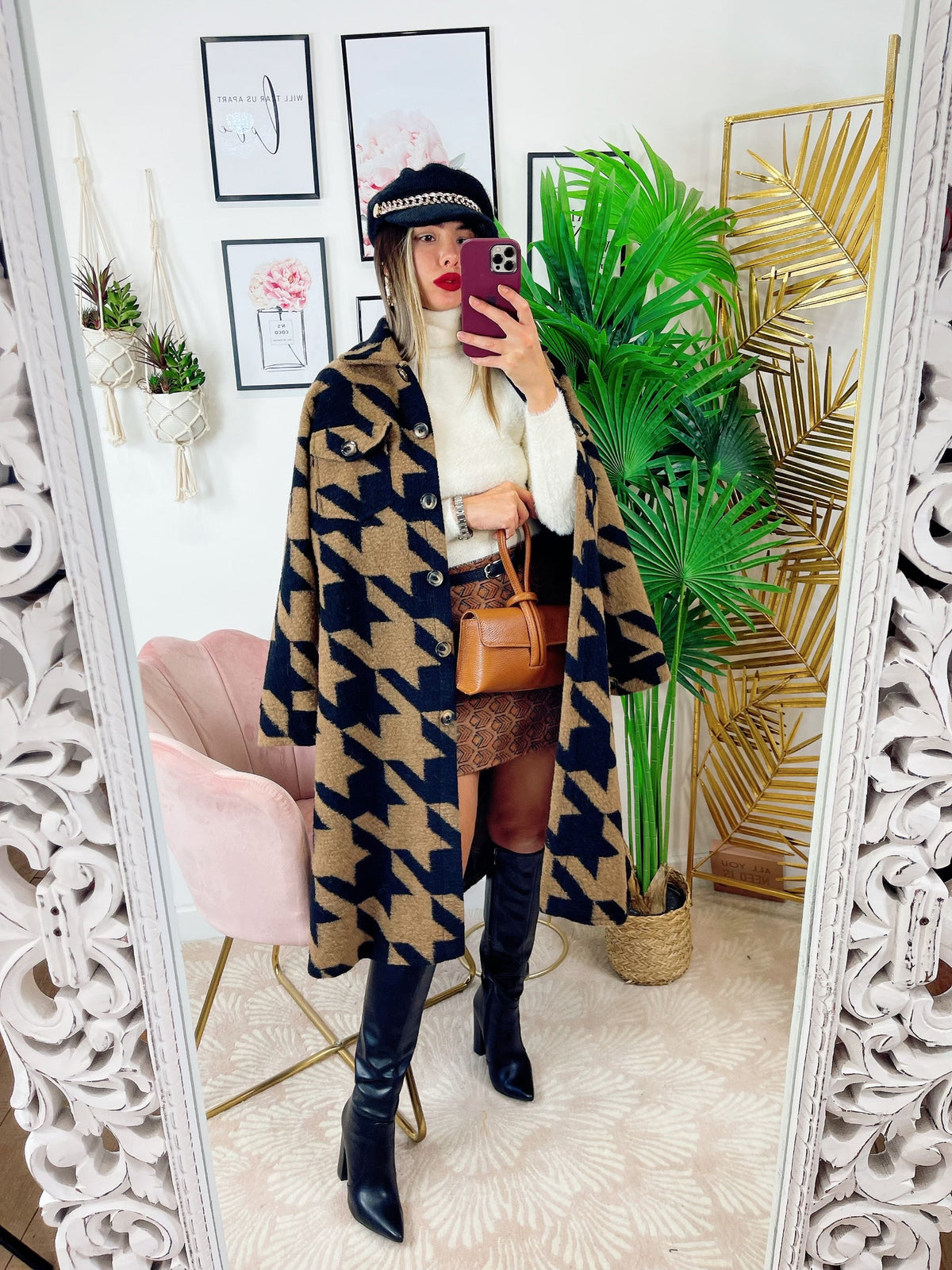 Giacca pied de poule Camel e nera