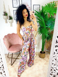 Tuta con pantalone a pieghine fiori lilla