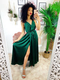 Abito in raso con maxi spacco verde bottiglia