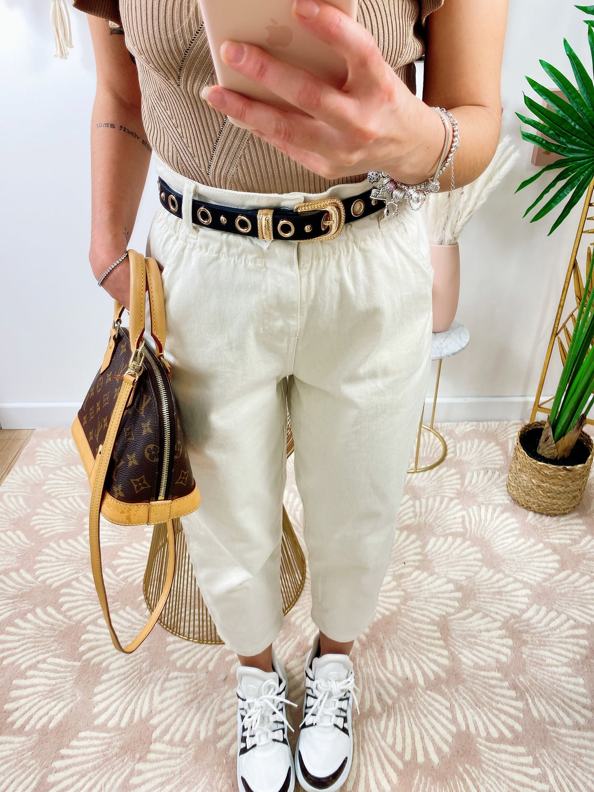 Jeans a vita alta Beige ballon