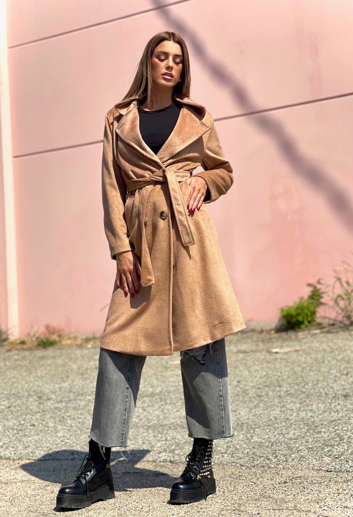 Cappotto lungo Camel con cintura