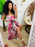 Abito con gonna asimmetrica e fiorellini Fuxia base bianco