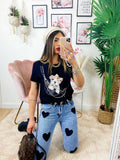 T-Shirt con bulldog e catena Nera