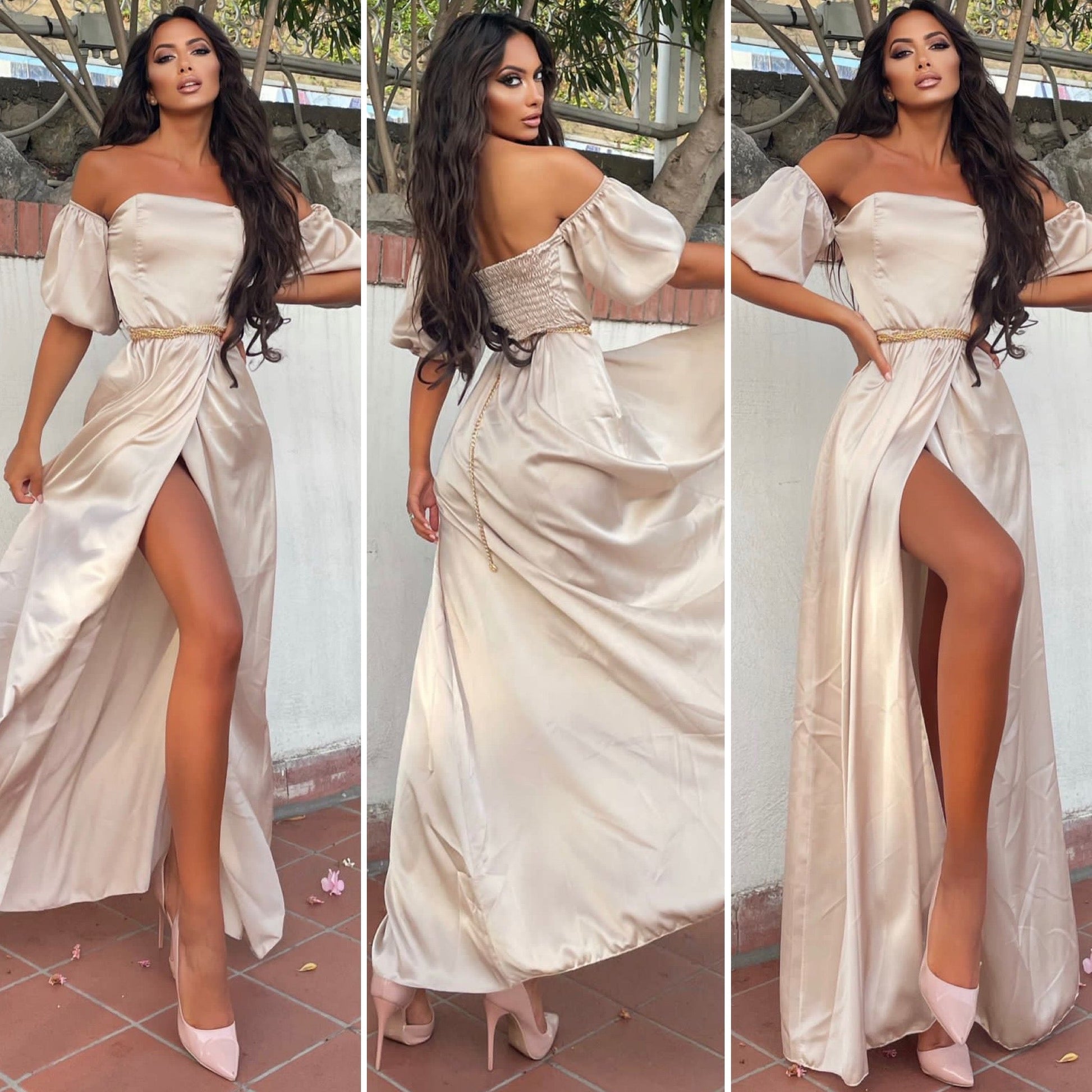 Abito beige scollo a barchetta