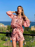 Completo short e camicia fiorata rosa