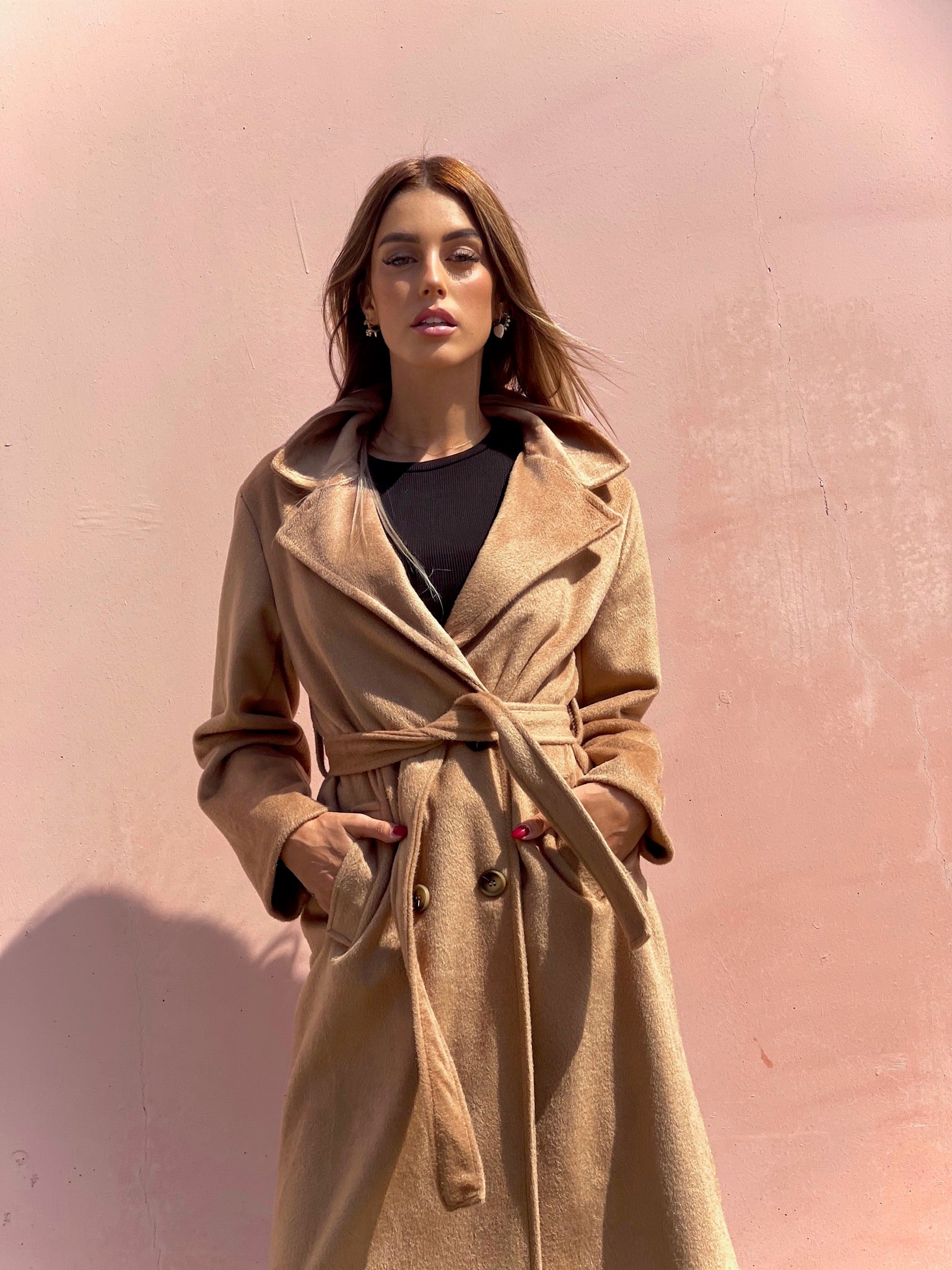 Cappotto lungo Camel con cintura