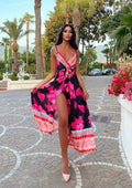Abito in raso con maxi spacco fiori Fuxia
