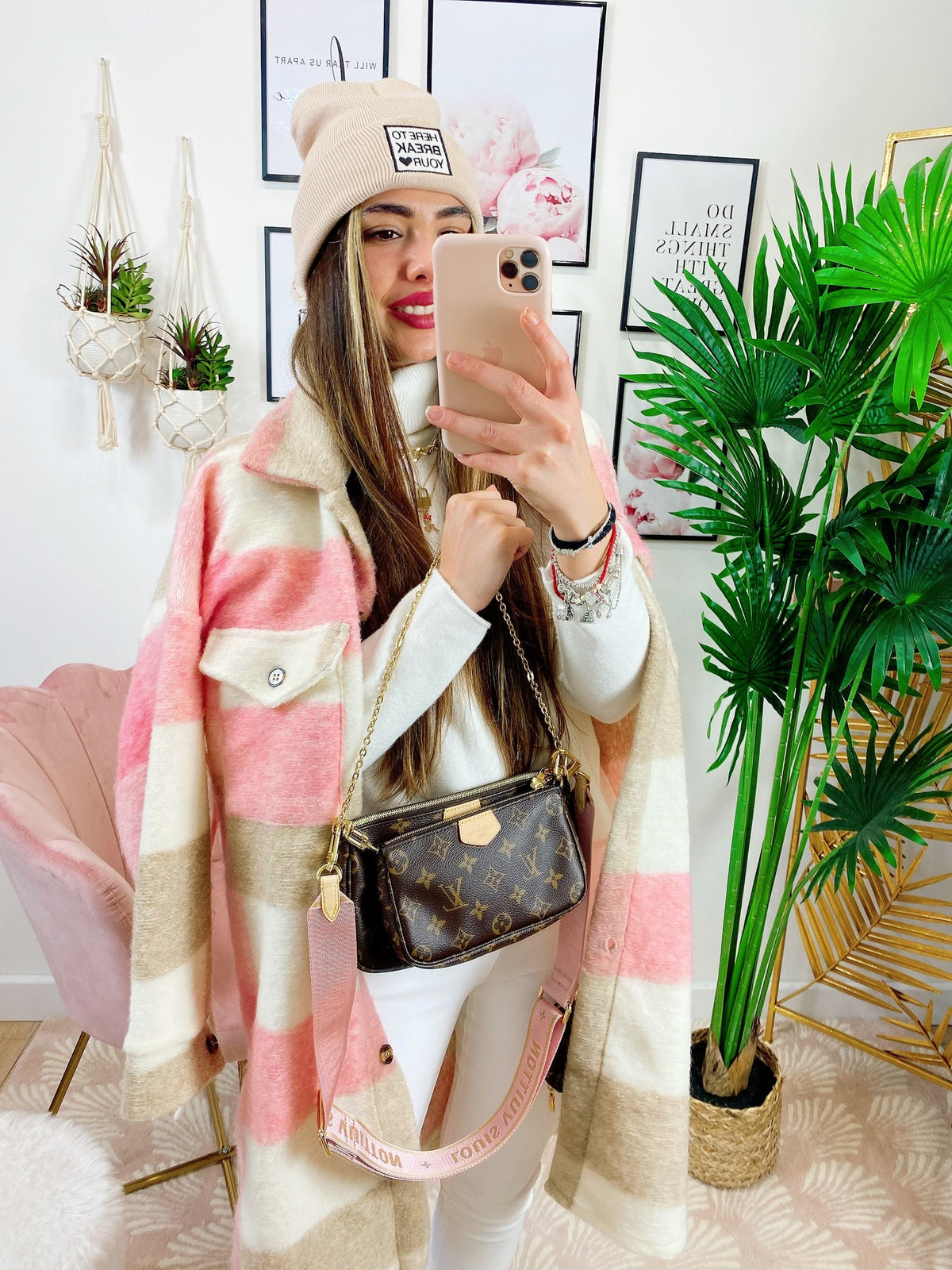 Giacca a quadri Rosa lunga con frange