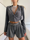 Completo giacca crop e short glitter argento