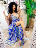 Abito maxi spacco fantasia blu