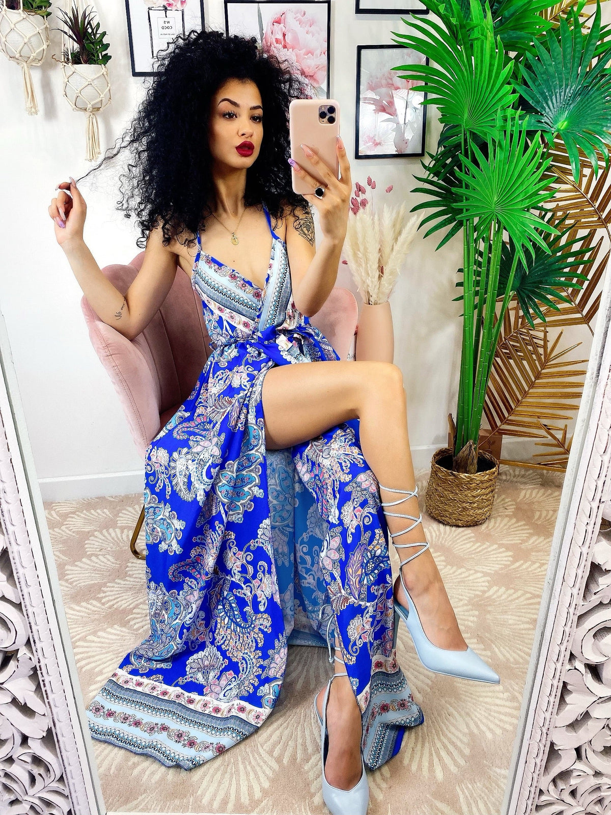Abito maxi spacco fantasia blu