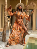 Abito con maxi spacco orange con piume