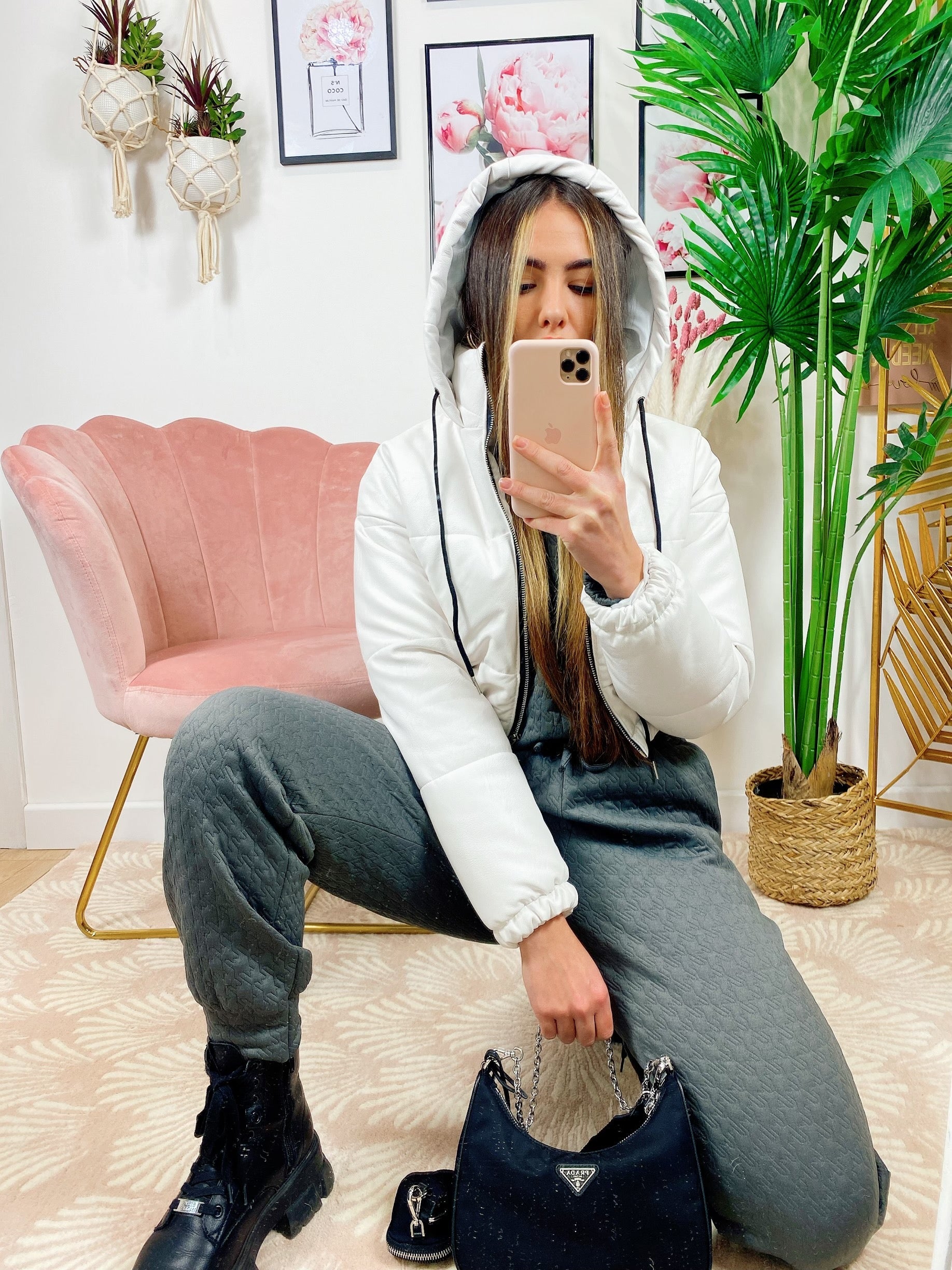 Bomber crop in ecopelle Bianco