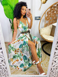 Abito in raso floreale con maxi spacco bianco