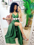 Abito in raso con maxi spacco verde